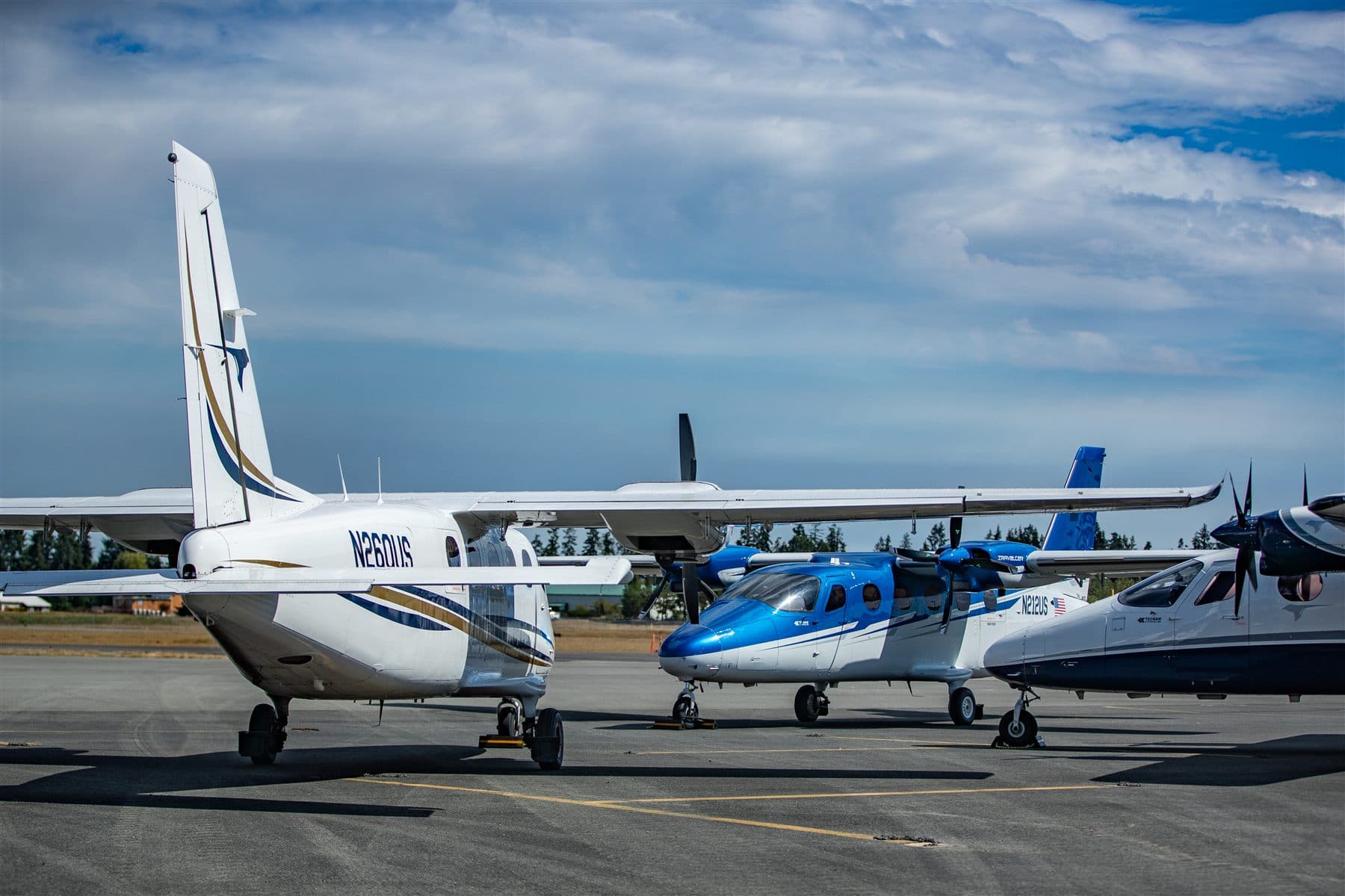 Citizen Air aircraft lined up on the ramp, a Tecnam P2012 in front