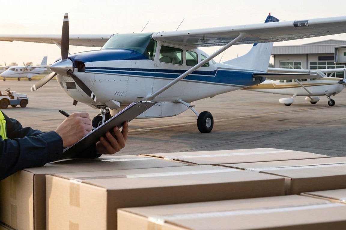 Boxed freight on the ramp beside a high-wing Cessna, a handler checking the manifest