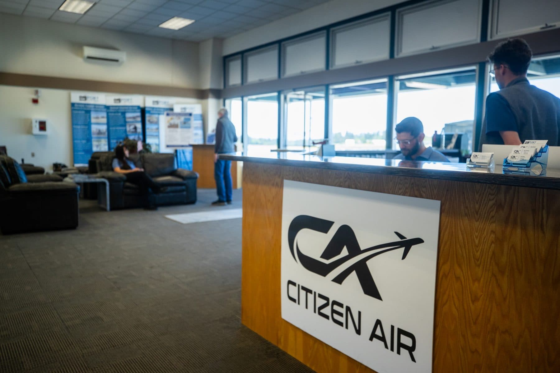 The Citizen Air FBO desk and crew lounge area inside the Fairchild terminal