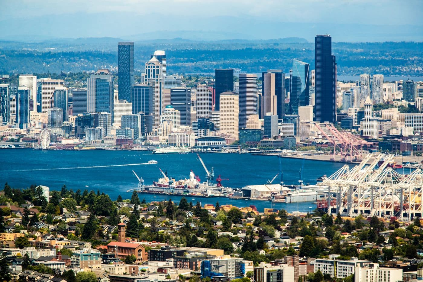 The Seattle skyline and waterfront from the air